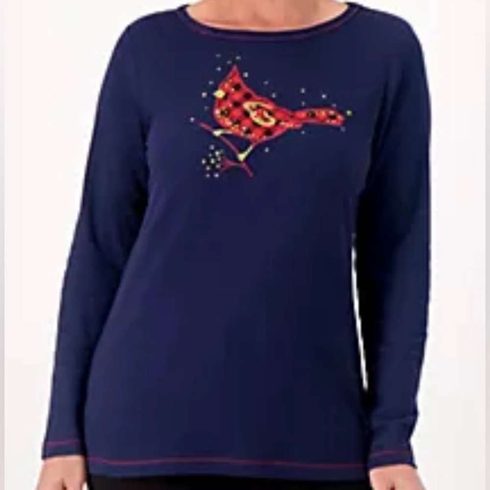 Quacker Factory Plaid Cardinal Motif Waffle Knit Top